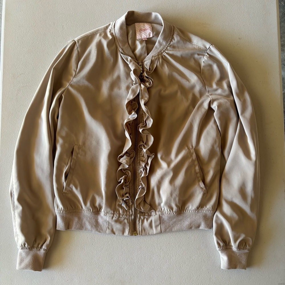 Candie's Beige Ruffle Bomber Jacket